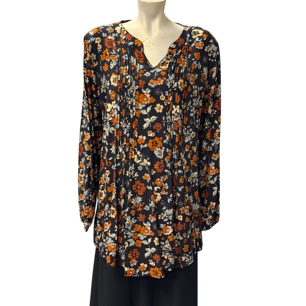 Cracker Barrel‎ Womens Floral V-Neck Tunic Blouse XL Long Sleeve Pleated Front